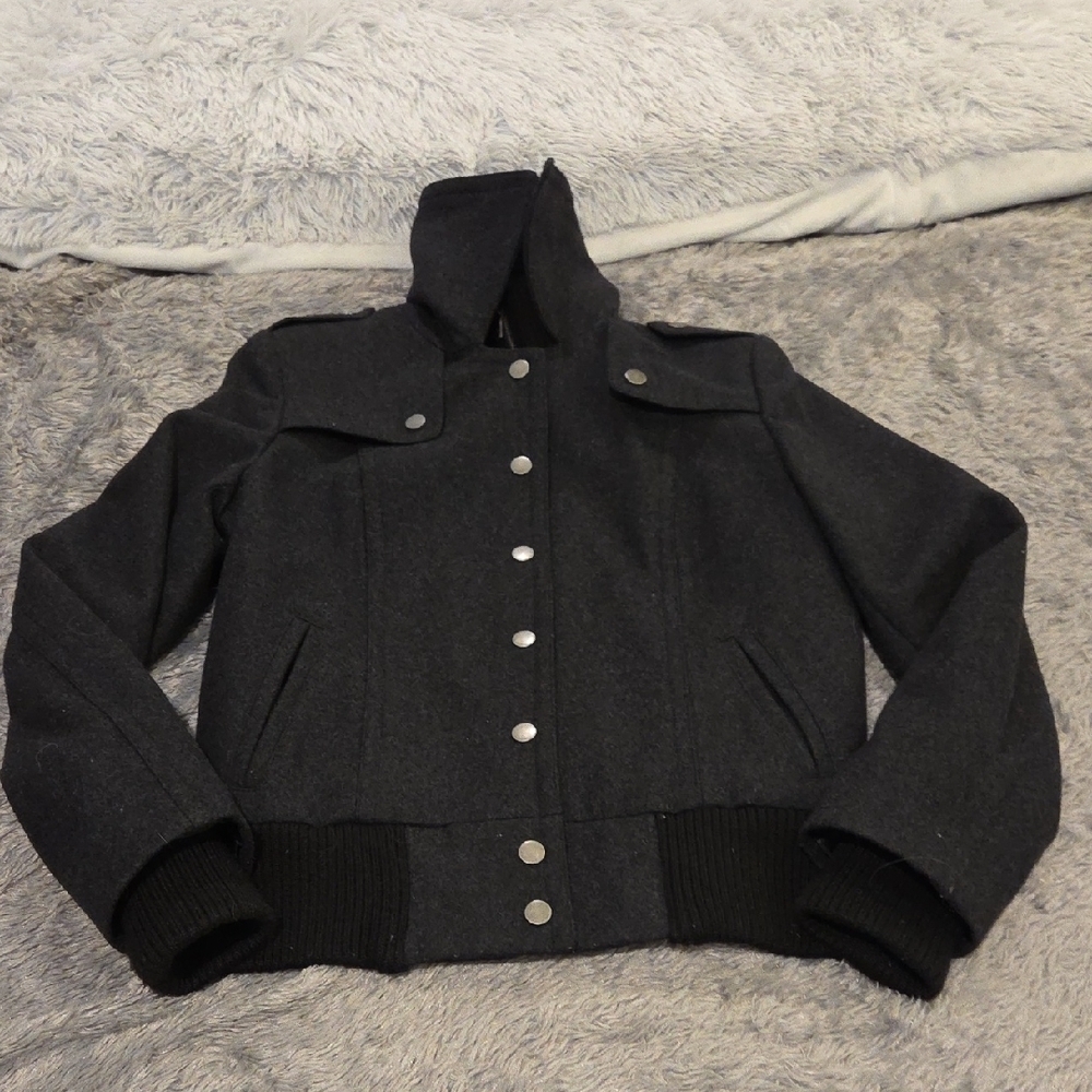 New York & Co. Dark Gray Snap-Front Bomber Jacket Size 4, Freshly Dry Cleaned!
